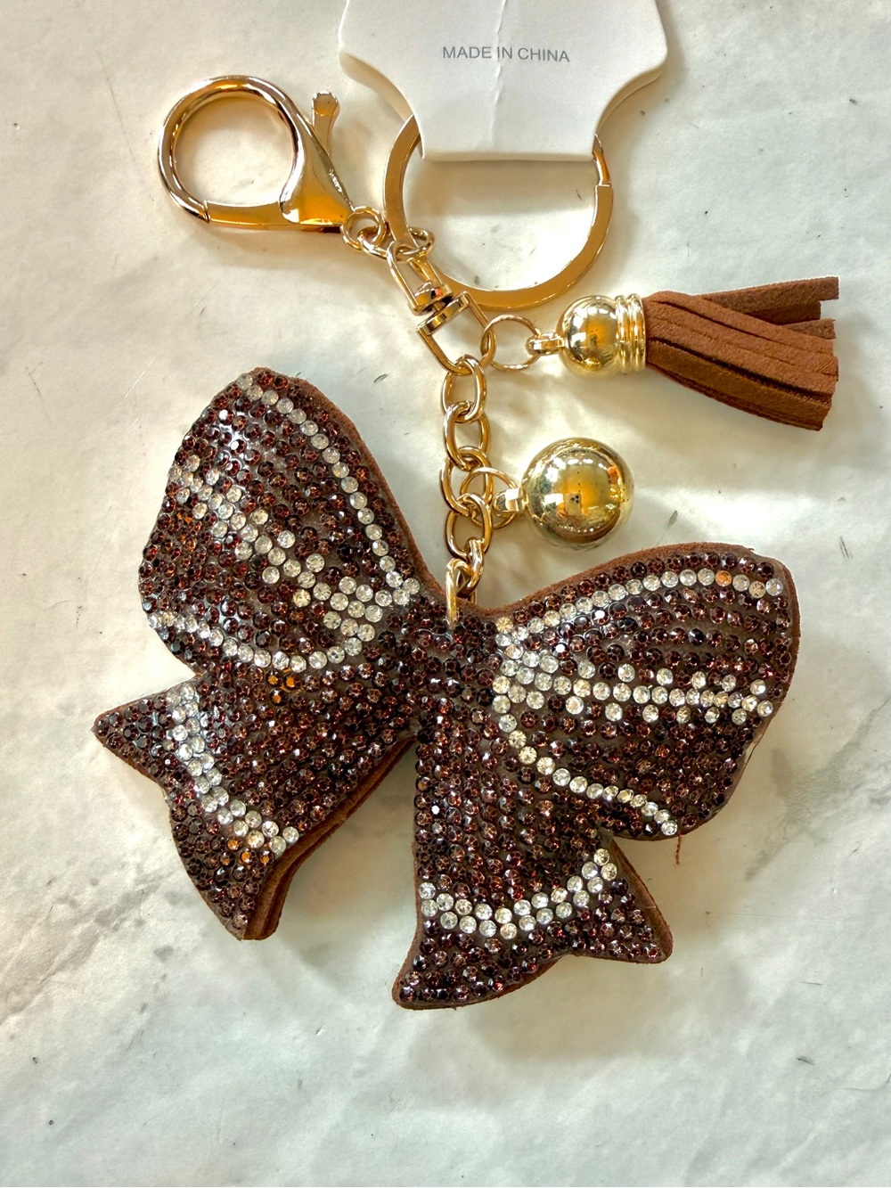 ✨ NWT Sparkly Puffy Rhinestone Football Bow Keychain & Bag Charm with Tassel✨